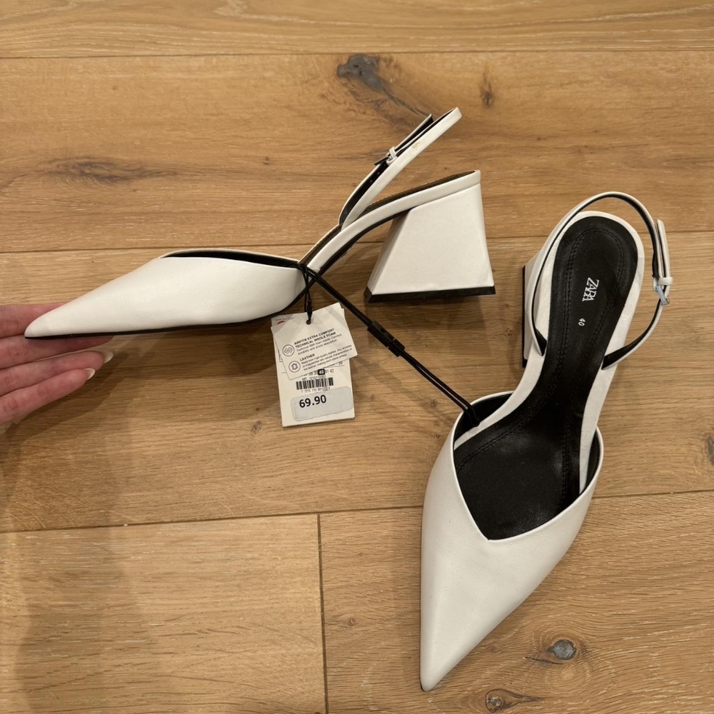 White Slingback Block Heel Shoes